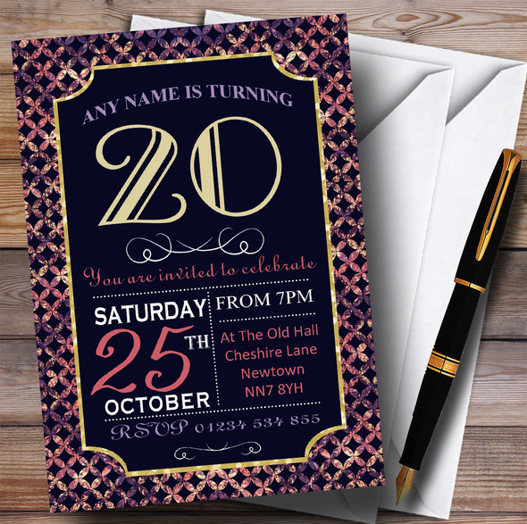 Pink Purple Glitz 20th Personalised Birthday Party Invitations