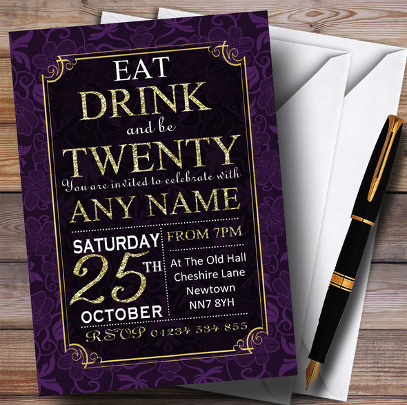 Purple & Gold Flowers 20th Personalised Birthday Party Invitations