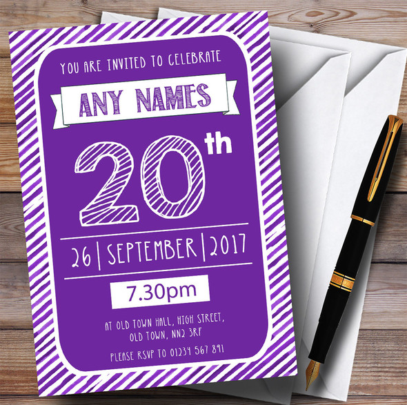 Purple & White Stripy Deco 20th Personalised Birthday Party Invitations