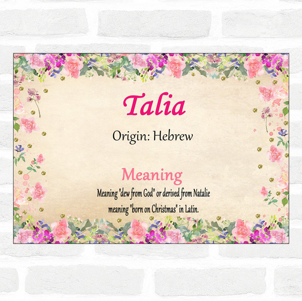 Talia Name Meaning Floral Certificate