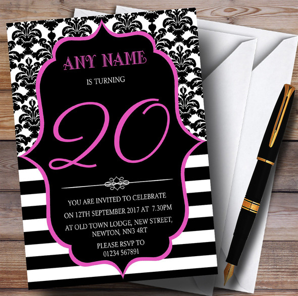 Vintage Damask Pink 20th Personalised Birthday Party Invitations