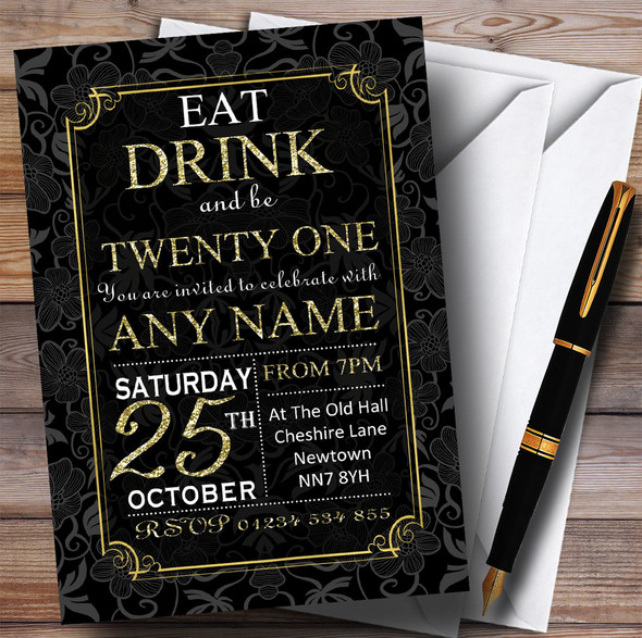 Black & Gold Flowers 21st Personalised Birthday Party Invitations