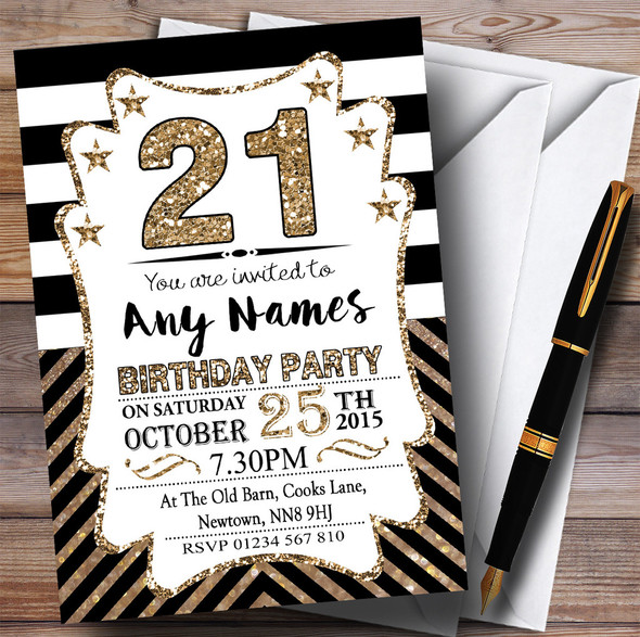 Black & White Bronze Chevrons 21st Personalised Birthday Party Invitations