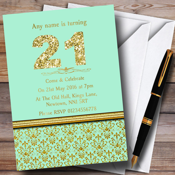 Mint Green & Gold Vintage Damask 21St Personalised Birthday Party Invitations