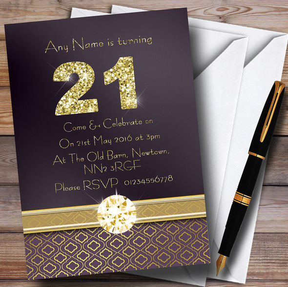 Purple Satin And Gold 21St Personalised Birthday Party Invitations
