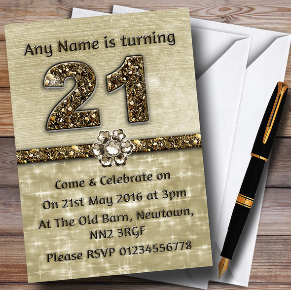 Titanium Gold Sparkly 21St Personalised Birthday Party Invitations