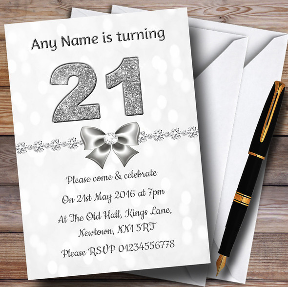 White Bokeh & Silver Glitter Look 21St Personalised Birthday Party Invitations