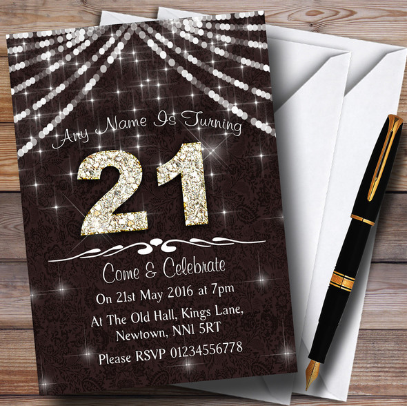 21St  Brown & White Bling Sparkle Birthday Party Personalised Invitations