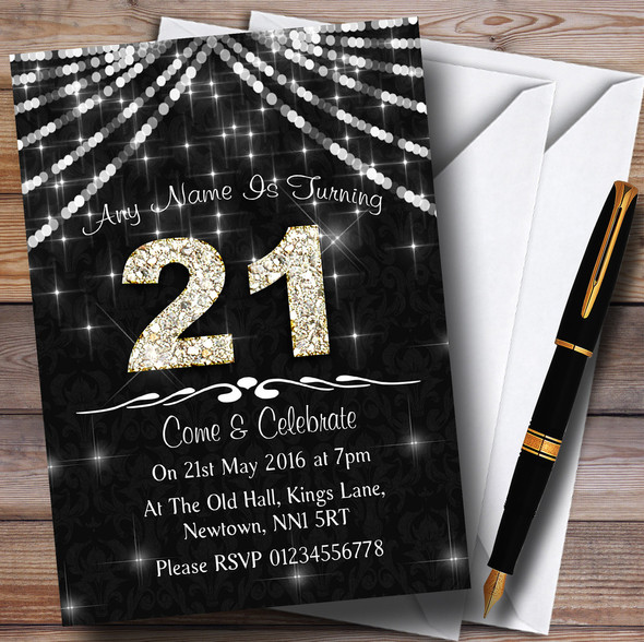 21St Charcoal Grey & White Bling Sparkle Birthday Party Personalised Invitations