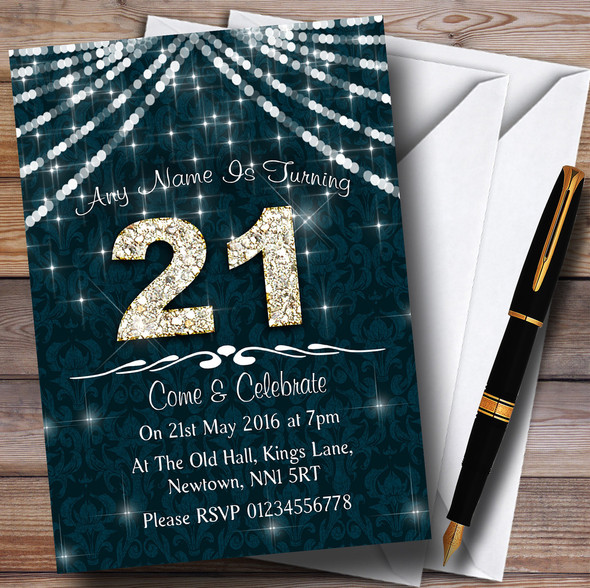 21St Turquoise & White Bling Sparkle Birthday Party Personalised Invitations