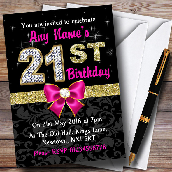 Pink Black Gold Diamond 21St Birthday Party Personalised Invitations