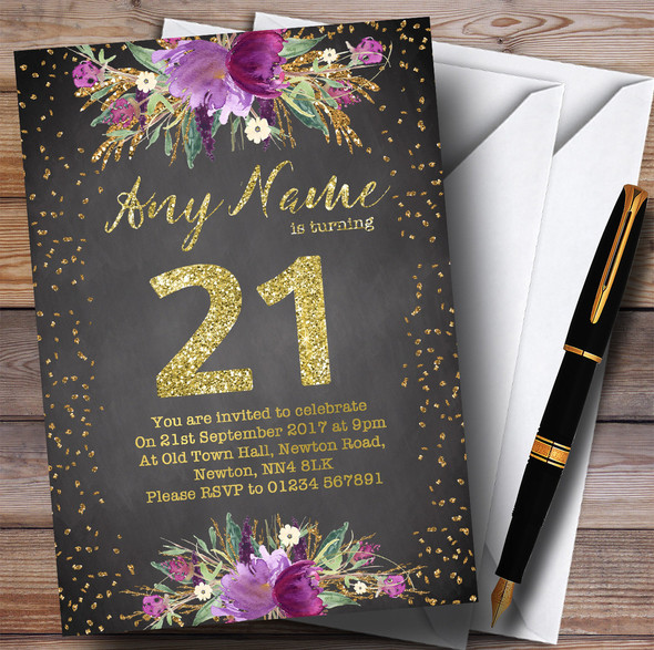 Chalk Watercolour Purple Gold 21st Personalised Birthday Party Invitations