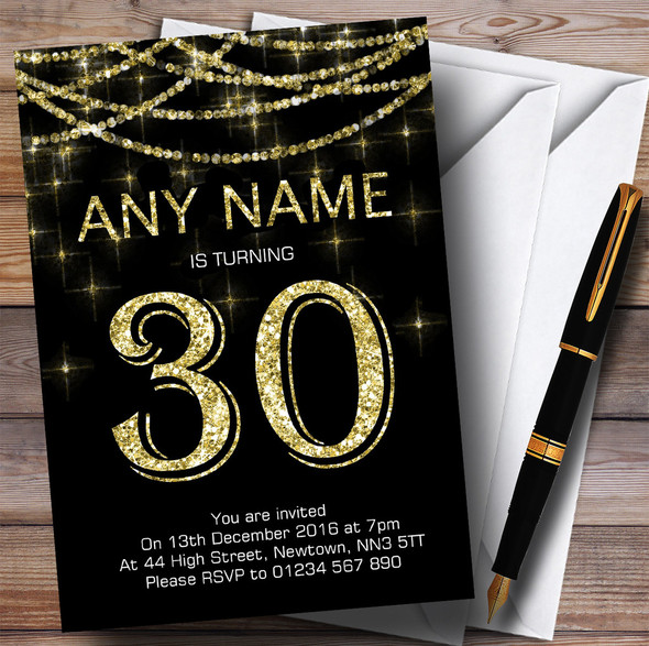 Black & Gold Sparkly Garland 30th Personalised Birthday Party Invitations