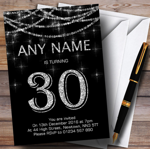 Black & Silver Sparkly Garland 30th Personalised Birthday Party Invitations