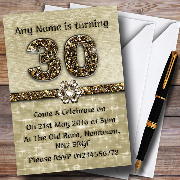 Titanium Gold Sparkly 30Th Personalised Birthday Party Invitations