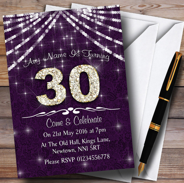 30Th Purple & White Bling Sparkle Birthday Party Personalised Invitations