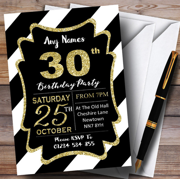 Black White Diagonal Stripes Gold 30th Personalised Birthday Party Invitations