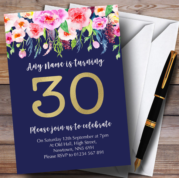 Blue & Pink Watercolour Flowers 30th Personalised Birthday Party Invitations