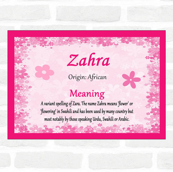 Zahra Name Meaning Pink Certificate