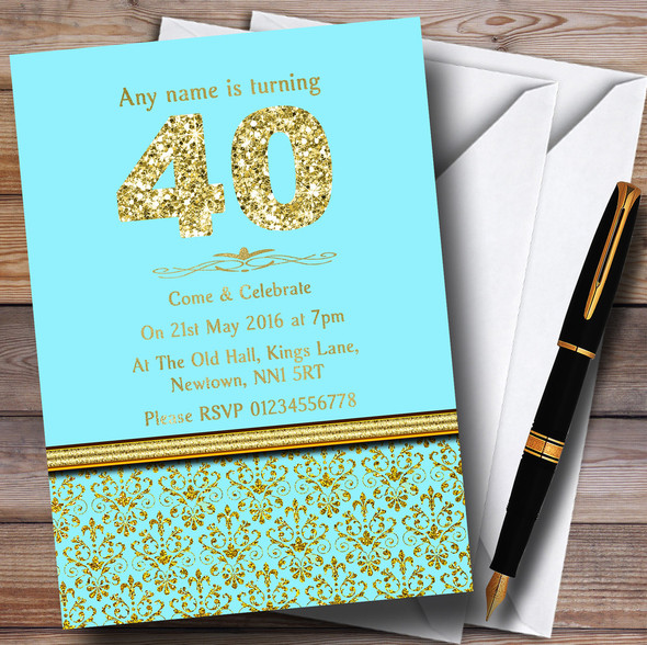 Aqua Sky Blue & Gold Vintage Damask 40Th Personalised Birthday Party Invitations