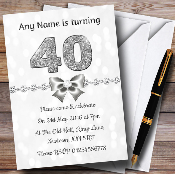 White Bokeh & Silver Glitter Look 40Th Personalised Birthday Party Invitations