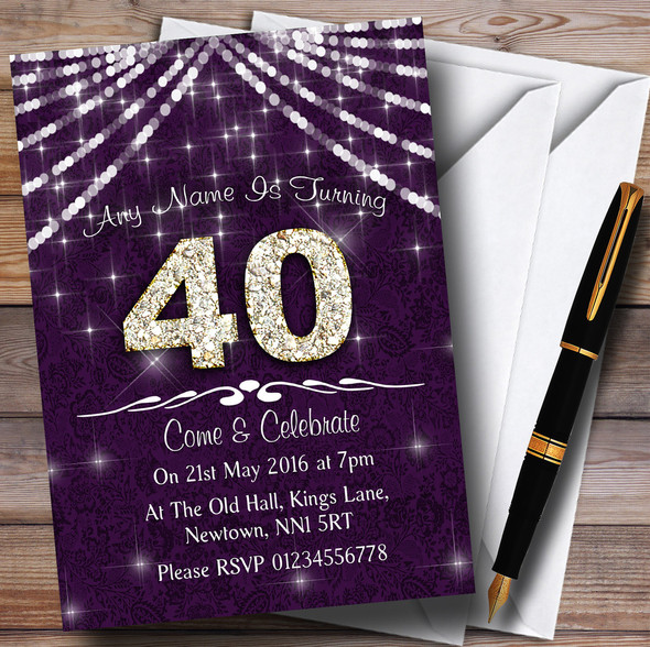 40Th Purple & White Bling Sparkle Birthday Party Personalised Invitations