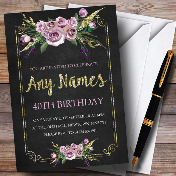 Chalk Effect Pink Gold Floral 40th Personalised Birthday Party Invitations