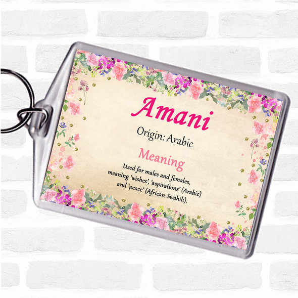 Amani Name Meaning Bag Tag Keychain Keyring  Floral