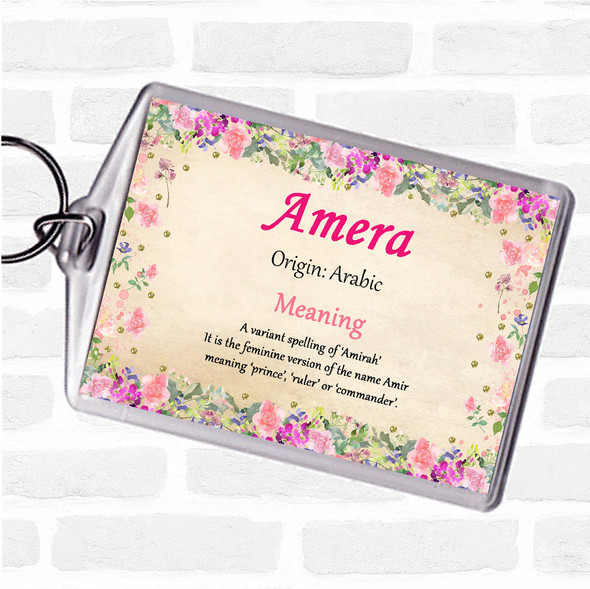 Amera Name Meaning Bag Tag Keychain Keyring  Floral