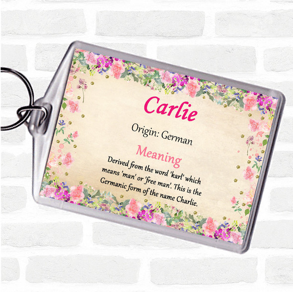 Carlie Name Meaning Bag Tag Keychain Keyring  Floral