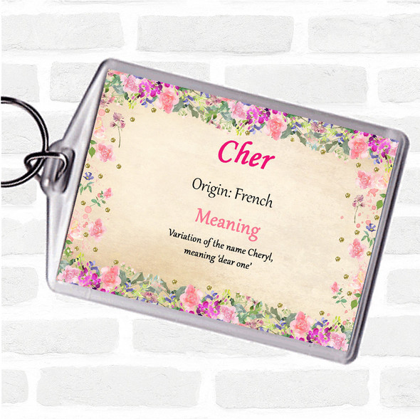 Cher Name Meaning Bag Tag Keychain Keyring  Floral