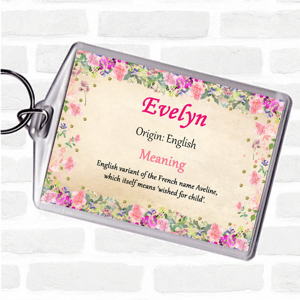 Evelyn Name Meaning Bag Tag Keychain Keyring  Floral
