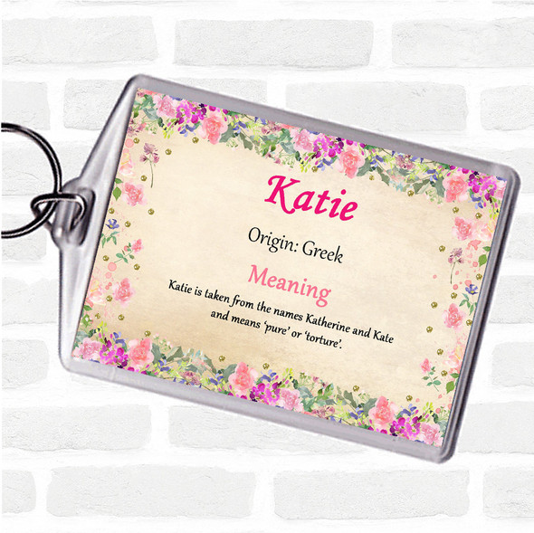 Katie Name Meaning Bag Tag Keychain Keyring  Floral