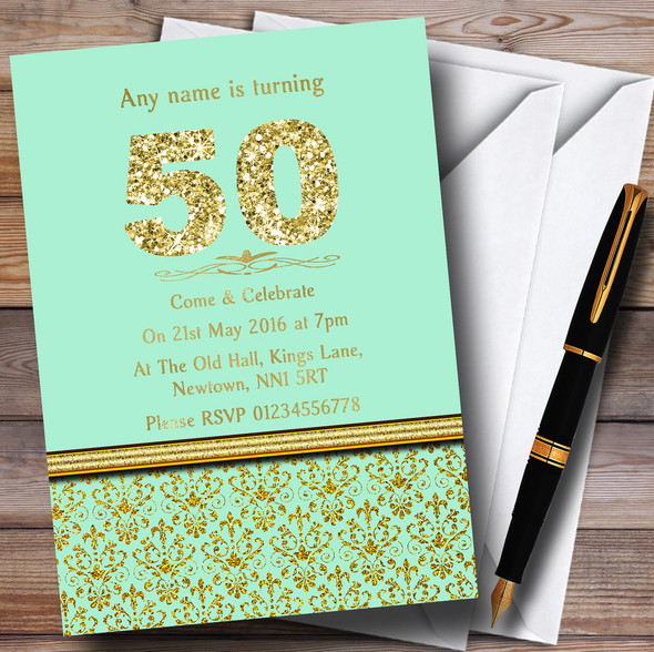 Mint Green & Gold Vintage Damask 50Th Personalised Birthday Party Invitations