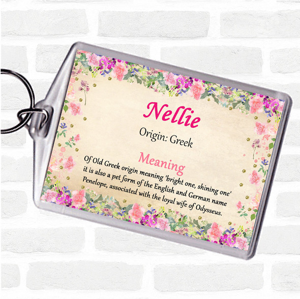 Nellie Name Meaning Bag Tag Keychain Keyring  Floral