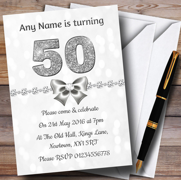 White Bokeh & Silver Glitter Look 50Th Personalised Birthday Party Invitations