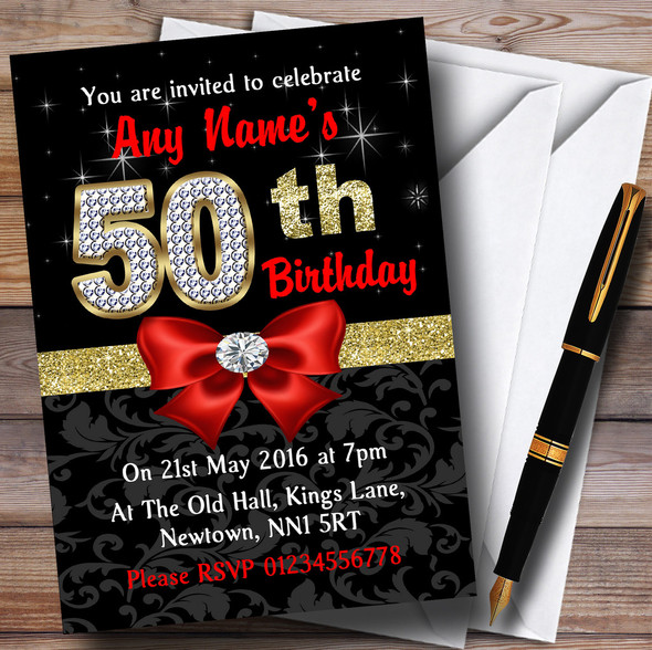 Red Black Gold Diamond 50Th Birthday Party Personalised Invitations