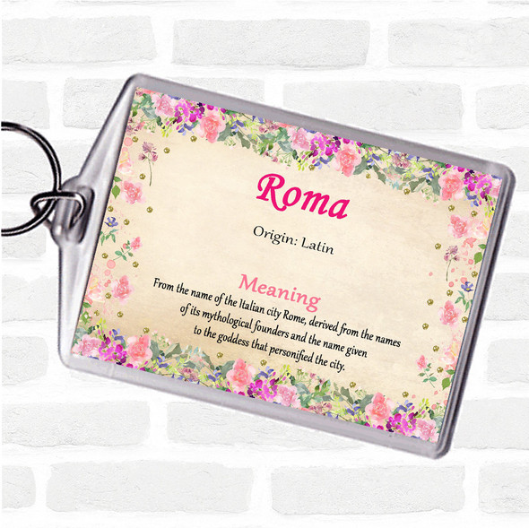 Roma Name Meaning Bag Tag Keychain Keyring  Floral