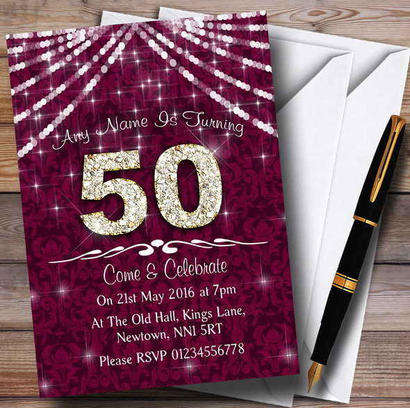 50Th Cranberry & White Bling Sparkle Birthday Party Personalised Invitations