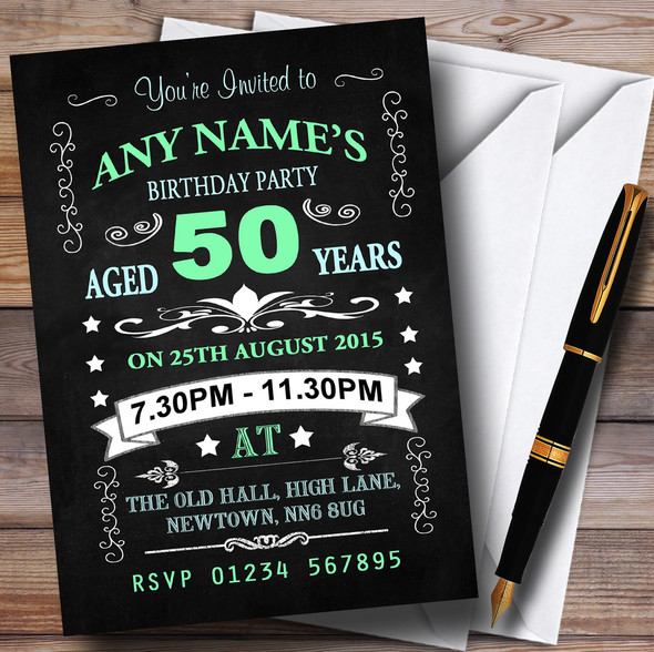 Vintage Chalkboard Style Green And Blue 50Th Birthday Party Personalised Invitations