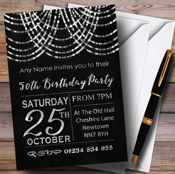 Silver Draped Garland 50th Personalised Birthday Party Invitations