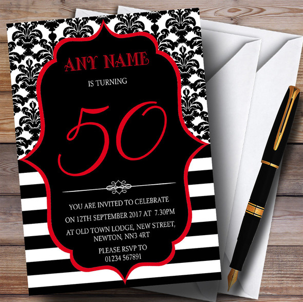 Vintage Damask Red 50th Personalised Birthday Party Invitations