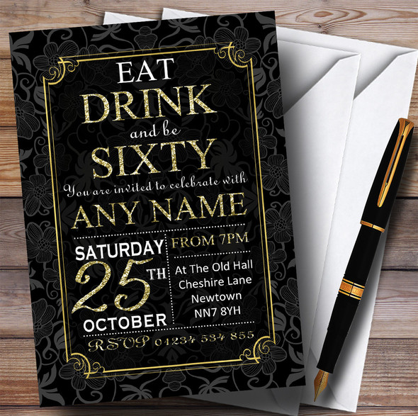 Black & Gold Flowers 60th Personalised Birthday Party Invitations