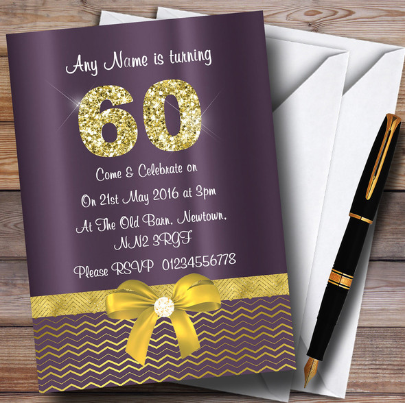 Purple Satin And Gold Bow 60Th Personalised Birthday Party Invitations