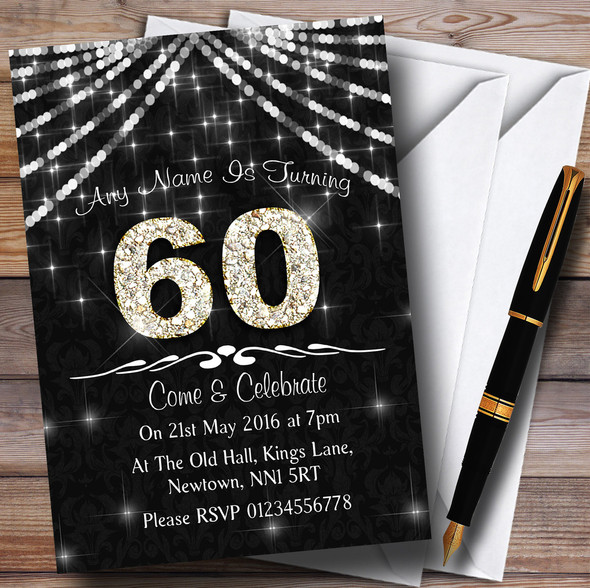 60Th Charcoal Grey & White Bling Sparkle Birthday Party Personalised Invitations
