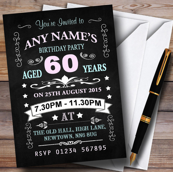 Vintage Chalkboard Style Pink And Blue 60Th Birthday Party Personalised Invitations