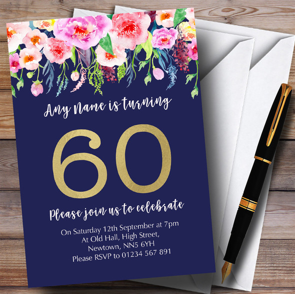 Blue & Pink Watercolour Flowers 60th Personalised Birthday Party Invitations