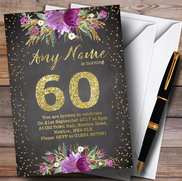 Chalk Watercolour Purple Gold 60th Personalised Birthday Party Invitations