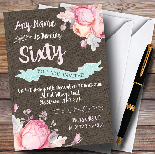 Vintage Burlap Style Floral 60th Personalised Birthday Party Invitations