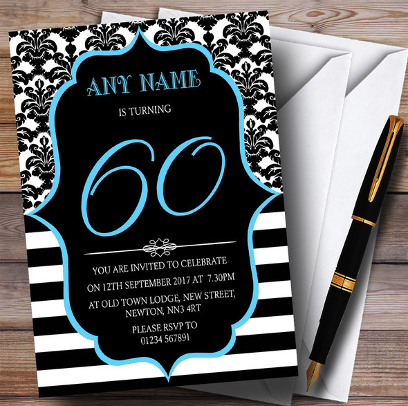 Vintage Damask Blue 60th Personalised Birthday Party Invitations